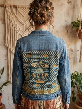 Upcycled Boho Embroidered Jean Jacket Size L